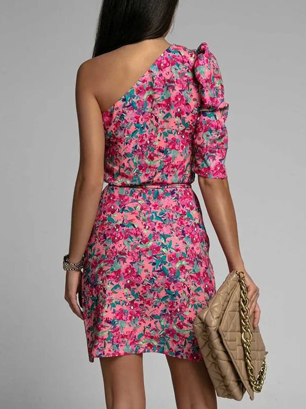 Floral Print One Shoulder Dress