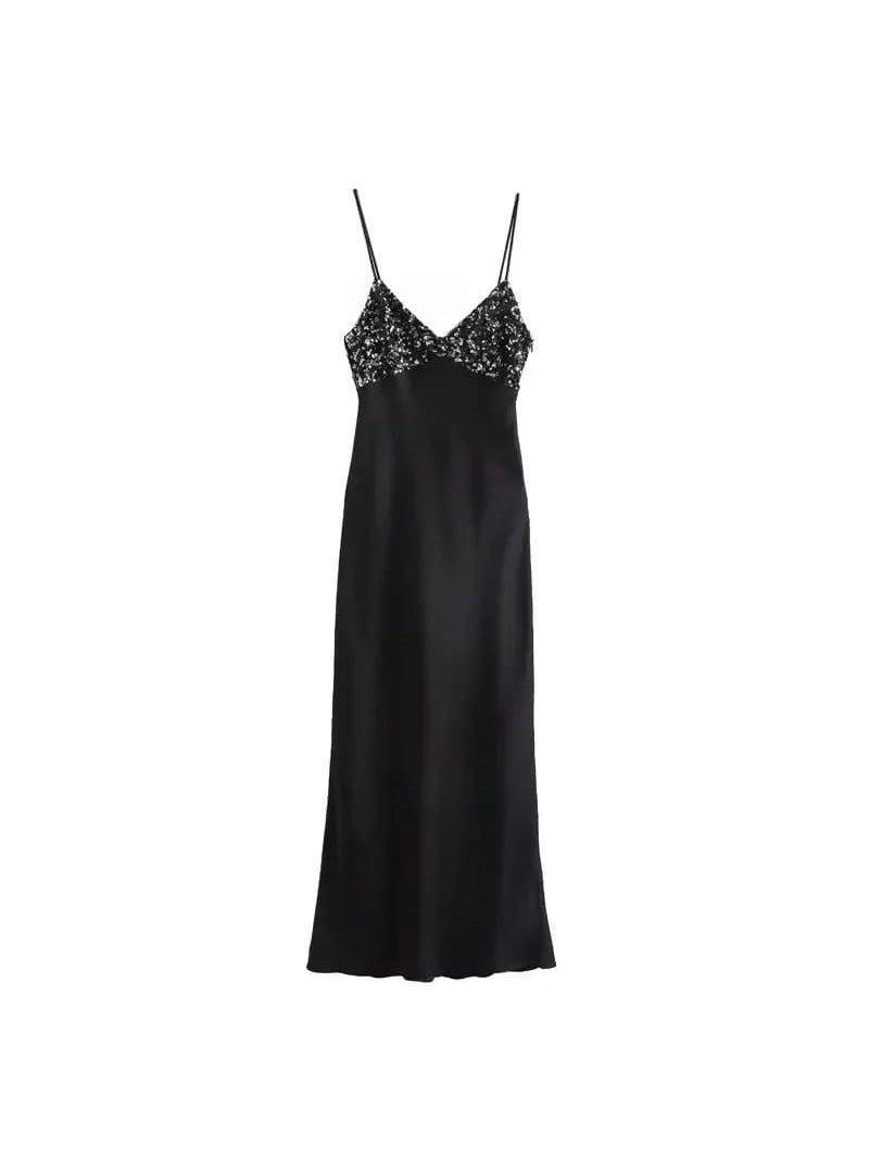 Spaghetti Strap Sequins Satin Maxi Dress