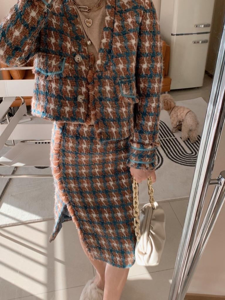 V Neck Tweed Blazer & Slit Skirt Coord Set