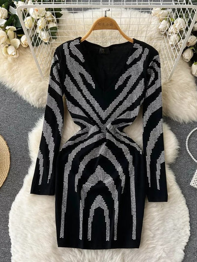 Rhinestone V Neck Dress with Mesh Sleeves