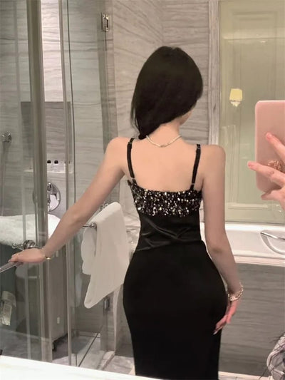 Spaghetti Strap Sequins Satin Maxi Dress