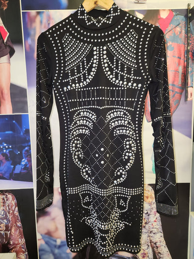 Rivet Buttons Rhinestone Black & Golden Dress Dress