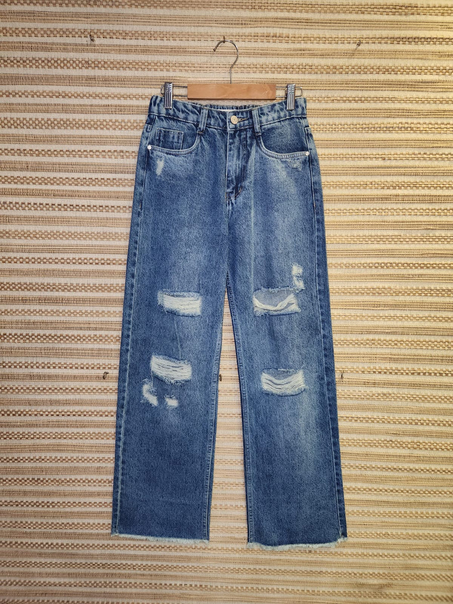 Blue Distressed High Waist Wide Leg Denim Pants