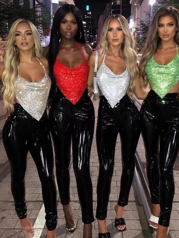 Halterneck Rhinestone Backless Top