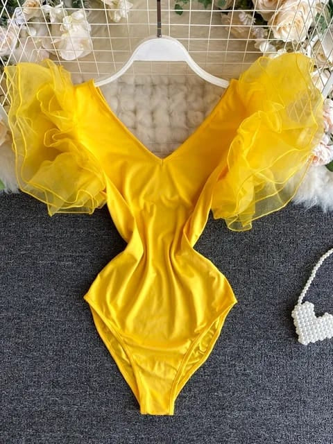 Mesh Shoulder V Neck Bodysuit Top