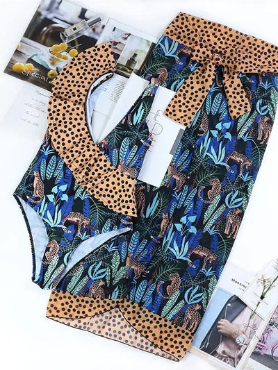 Tropical Print One Piece Bikini with Sarong Swimsuit Set