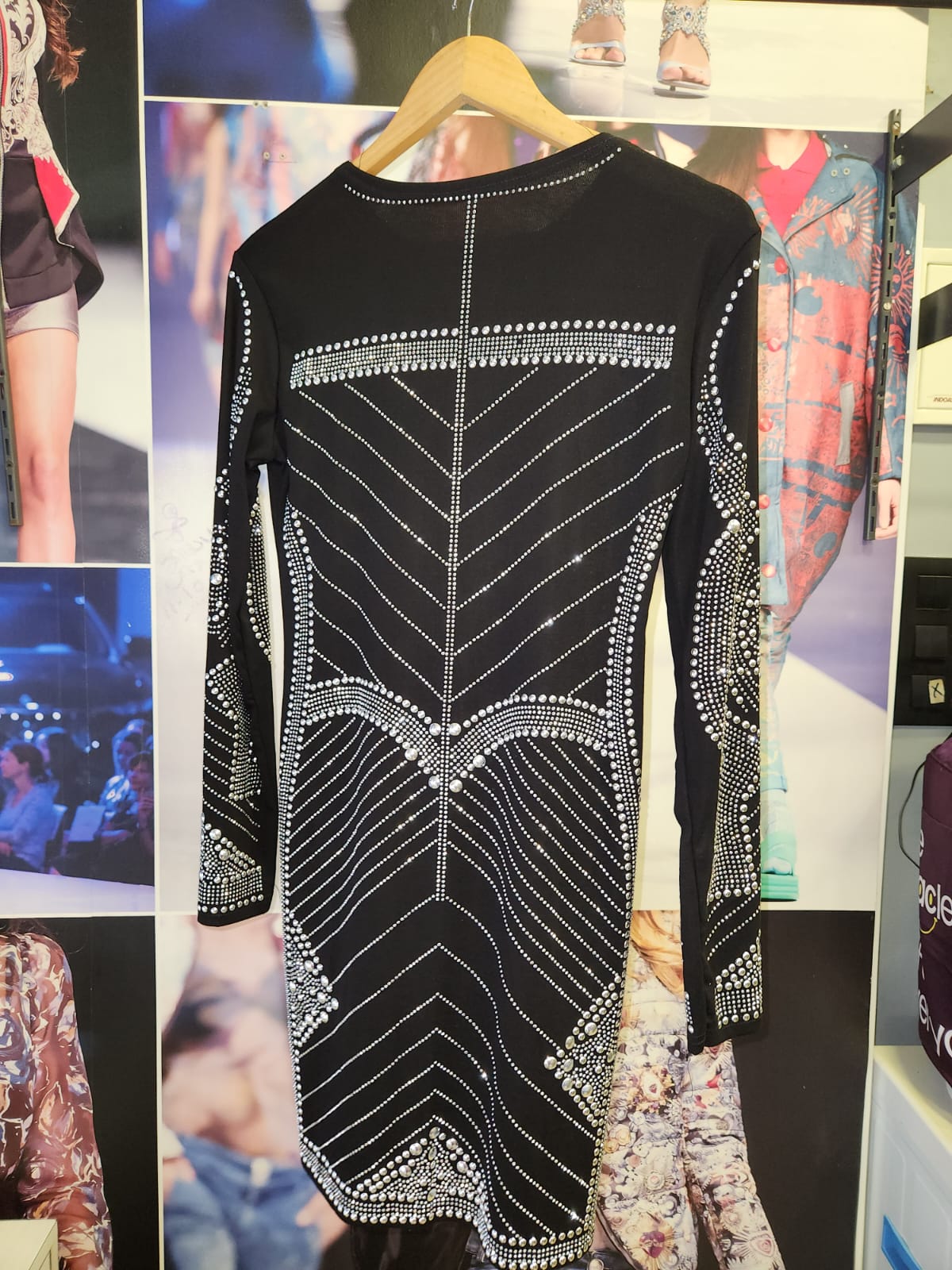 Rivet Buttons Rhinestone Black & Golden Dress Dress