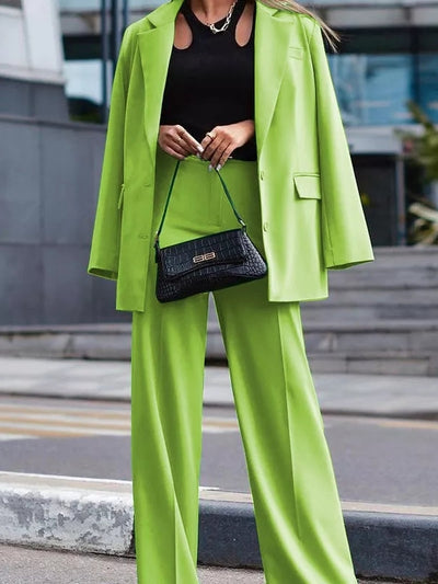 Green Blazer Coat with Wide Leg Pants Coord Set