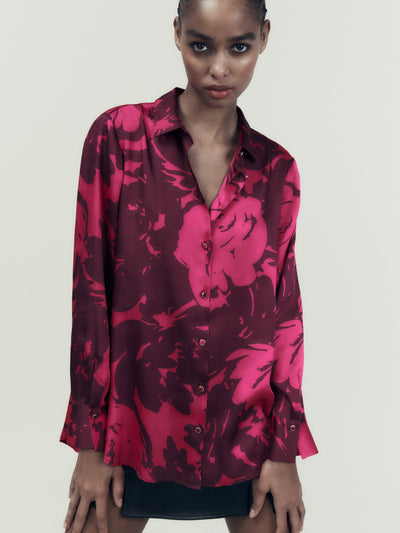 Red Paint Print Satin Shirt