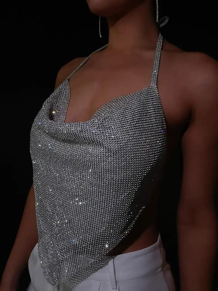 Halterneck Rhinestone Backless Top