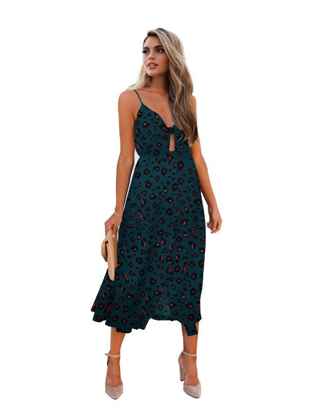 V Neck Spaghetti Strap Leopard Print Midi Dress