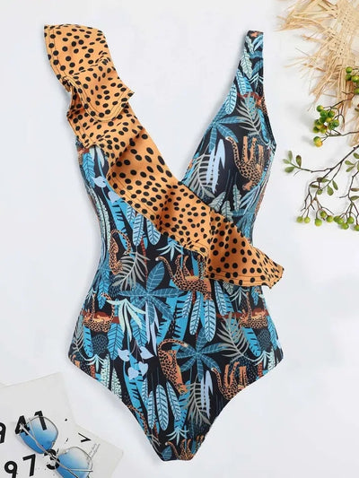 Tropical Print One Piece Bikini with Sarong Swimsuit Set