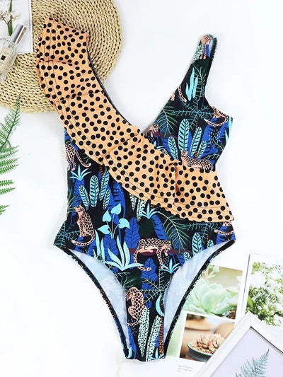 Tropical Print One Piece Bikini with Sarong Swimsuit Set