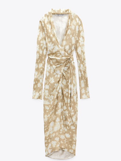 Tie & Dye Print Apricot Wrap Dress