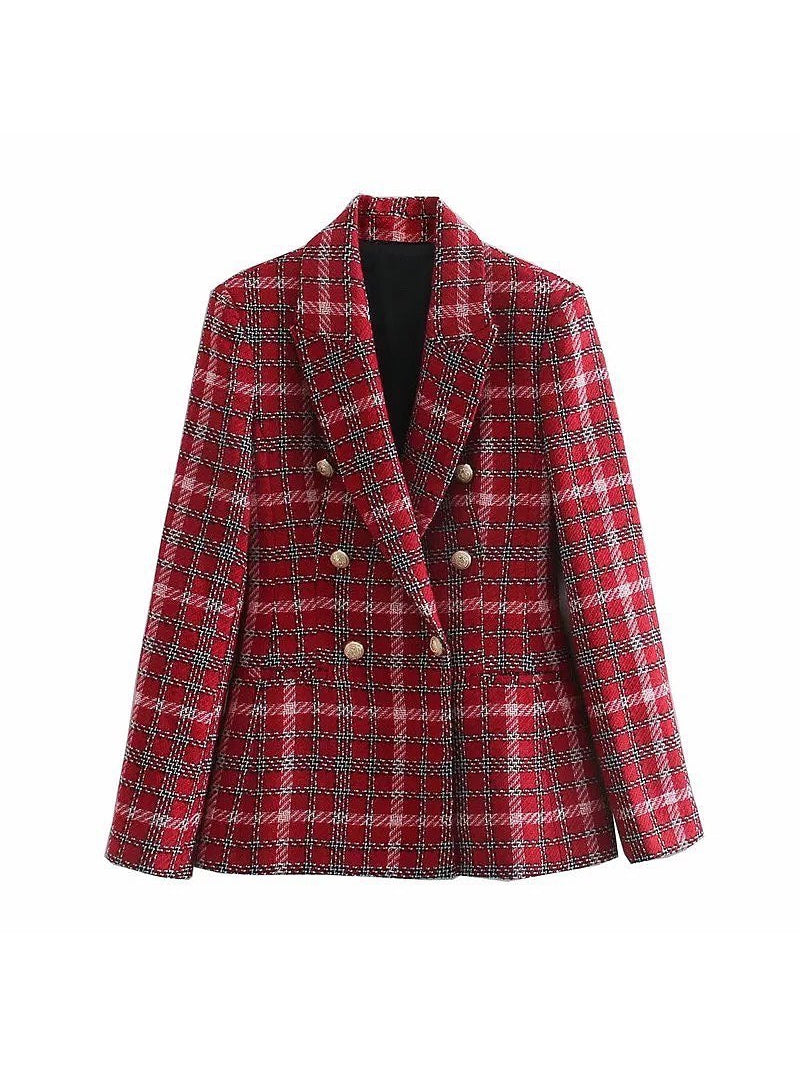Red Plaid Textured Tweed Blazer