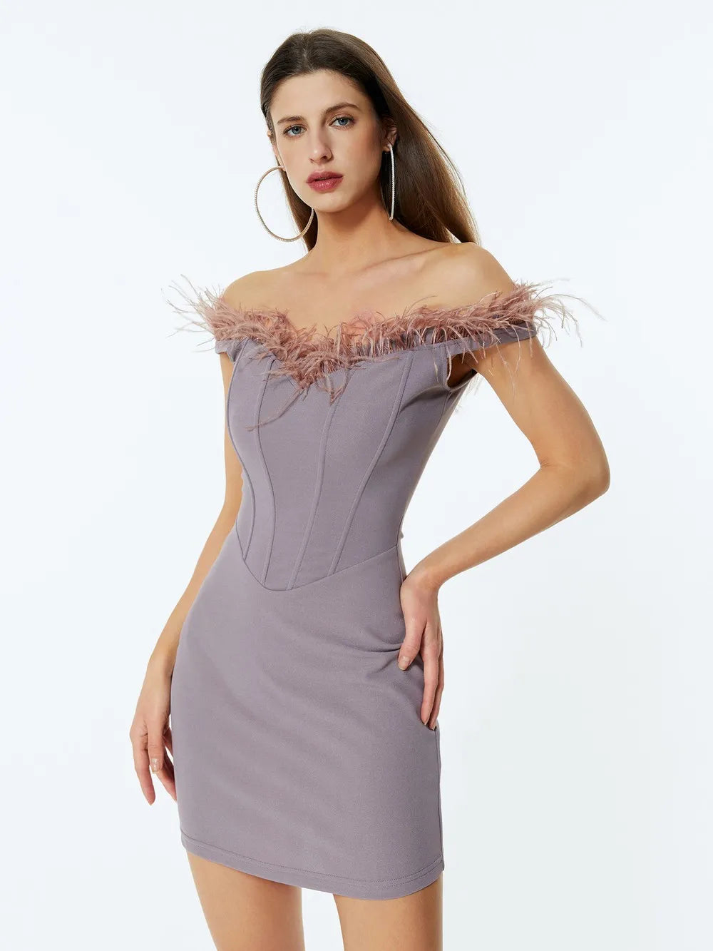 Off Shoudler Corset Feather Fur Dress