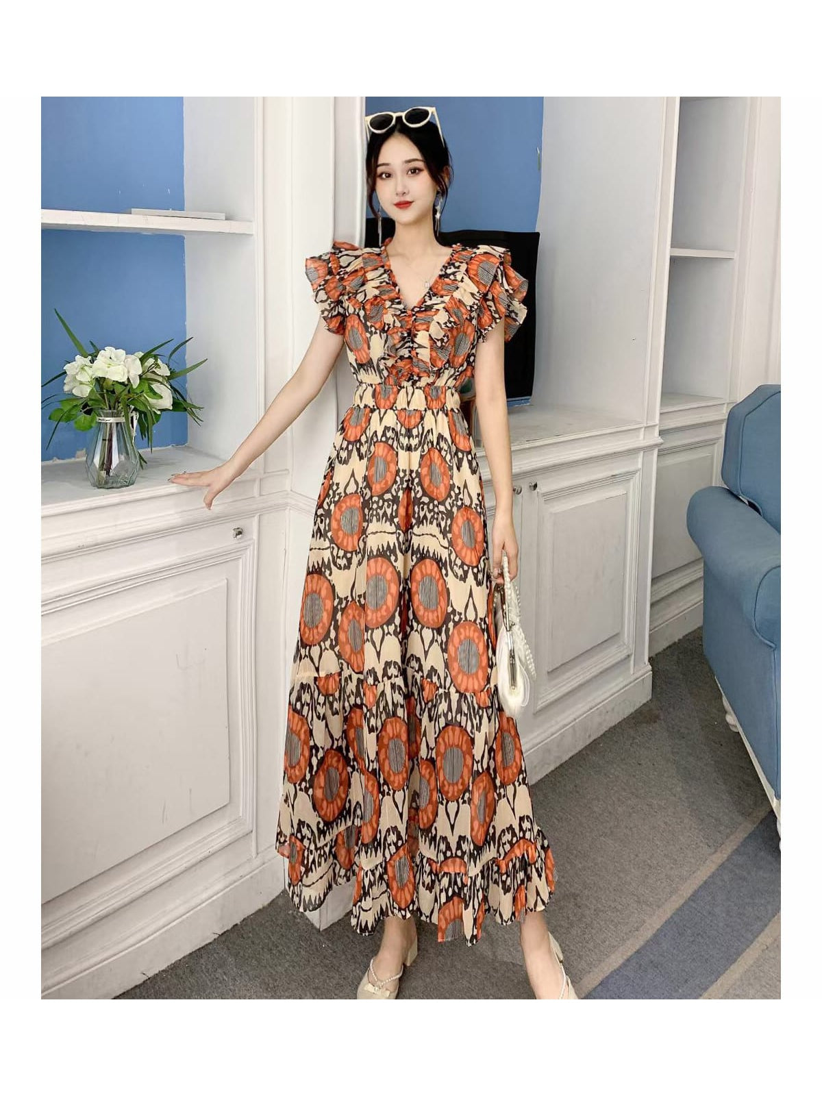 Floral Print V Neck Sleeveless Dress