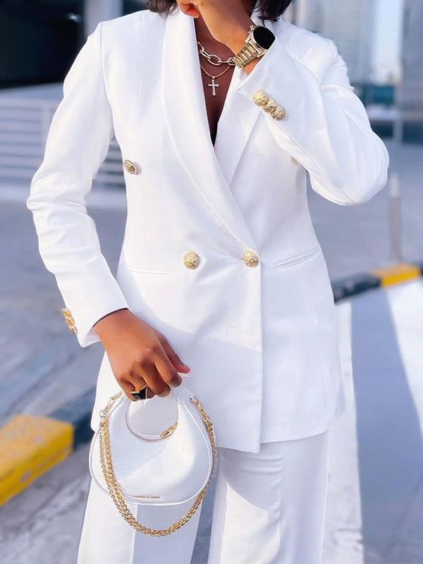 White Blazer & Wide Leg Pants Two Piece Coord Set