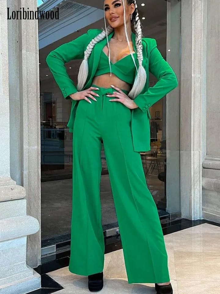 Green 3 Piece Blazer Bikini Crop & Pants Coord Set