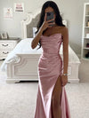 Pink Tube Top Pleated Slit Satin Maxi Dress