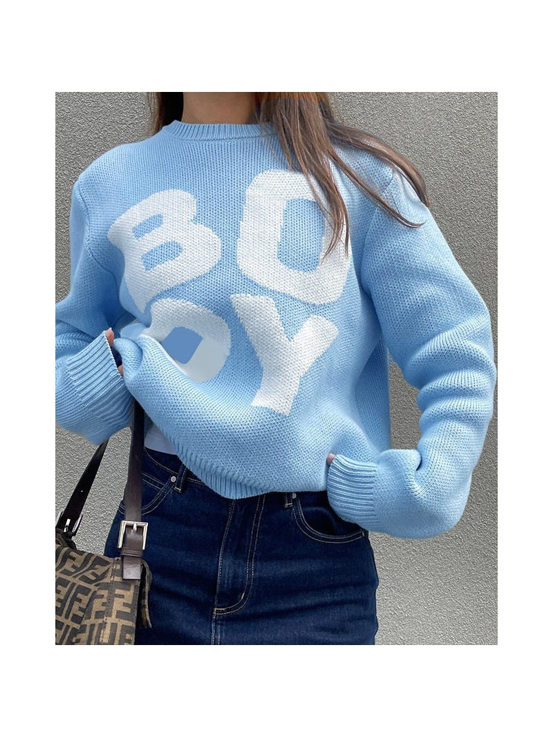 Knitted Boy Letter Print Oversized Sweater Top