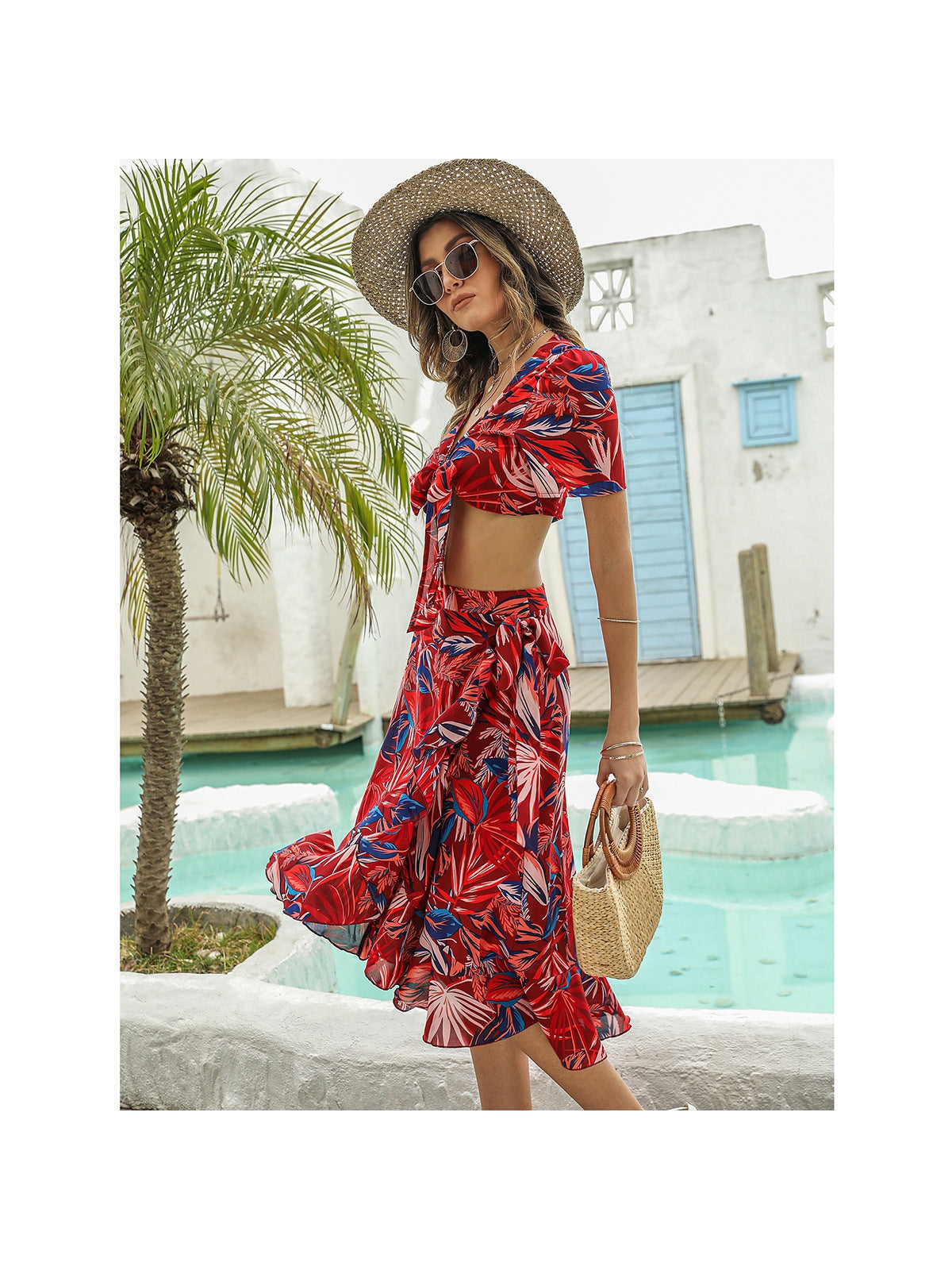 Floral Leaf Print Crop Top & Skirt Coors Set