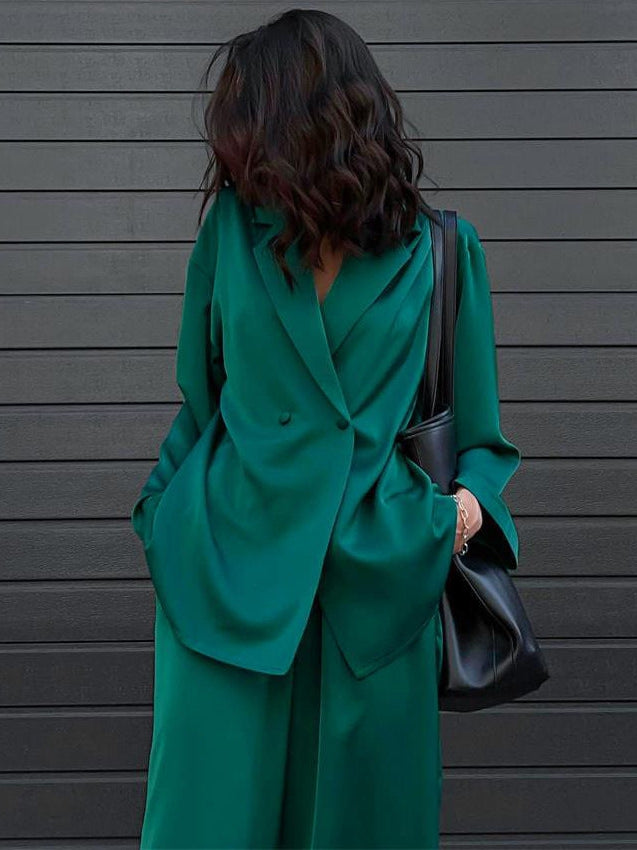Green Satin Drape Blazer & Wide Leg Pants Coord Set