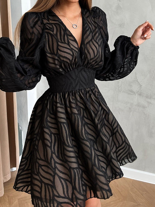 Jacquard Print Lantern Sleeves A Line Dress