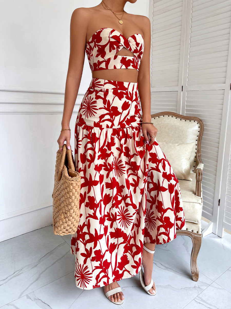 Floral Print Tube Crop Top & Long Skirt Coord Set