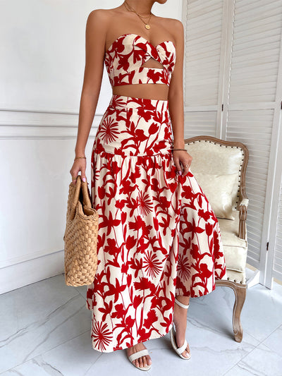 Floral Print Tube Crop Top & Long Skirt Coord Set