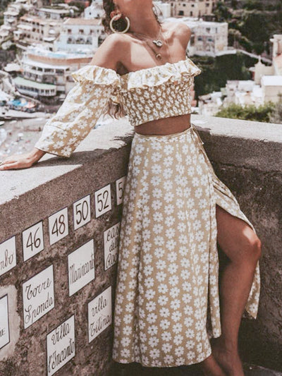 Twist Off Shoulder Ruffle Beach Top & Floral Print Skirt Coord Set