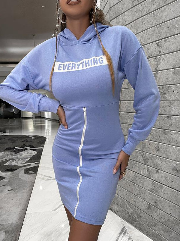 Purple Letter Printed Hooded Sweater Dress