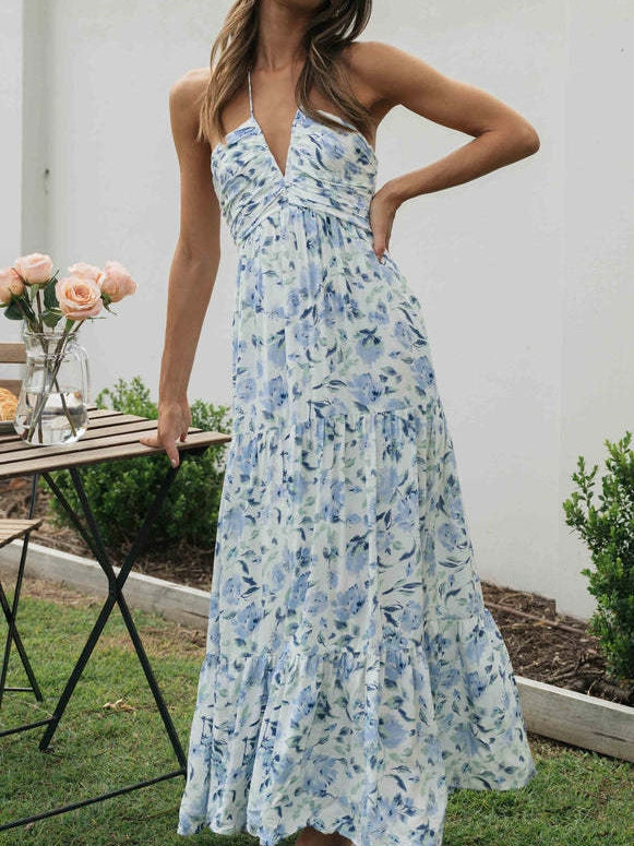 Floral Print Chiffon V Neck Sleeveless Maxi Dress