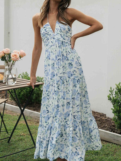 Floral Print Chiffon V Neck Sleeveless Maxi Dress