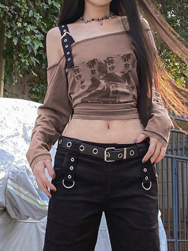 Vintage Print One Shoulder Asymmetric Crop Top T Shirt