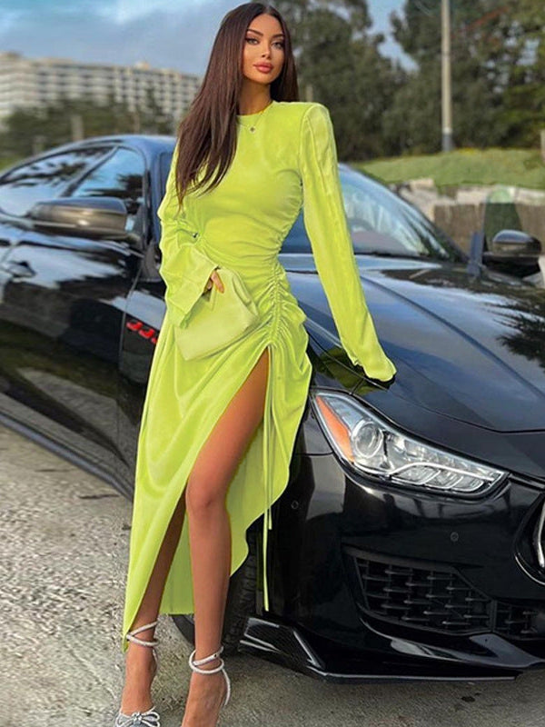 Side Pleated Slit Slim Fitting Round Neck Dress