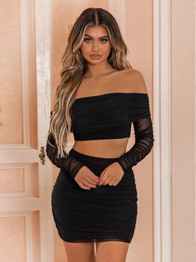 Ruched Off Neck Mesh Top & Skirt Coord Set