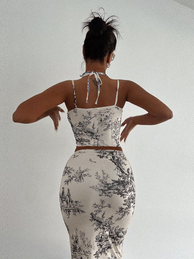 Floral Print Halterneck Top & Hip Skirt Coord Set