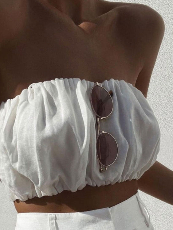 Bandeau Tube Top Cotton Linen High Waist Wide Leg Pants Coord Set