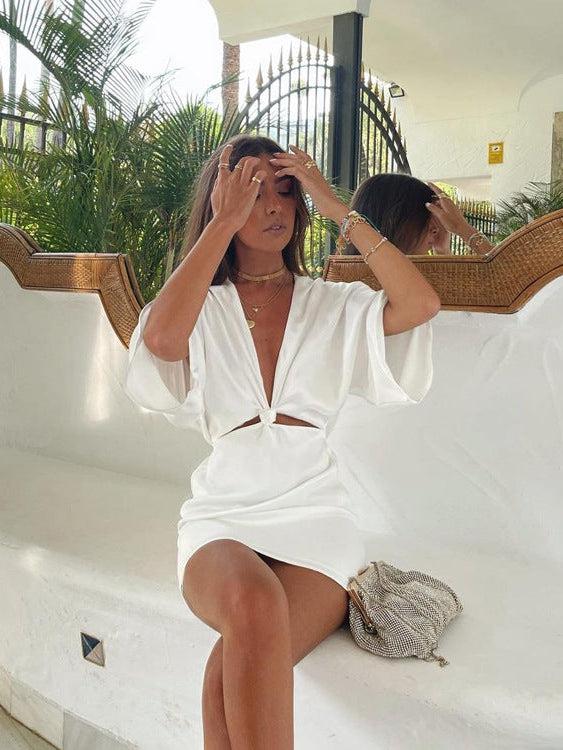 White Satin Deep V Neck Short Dress