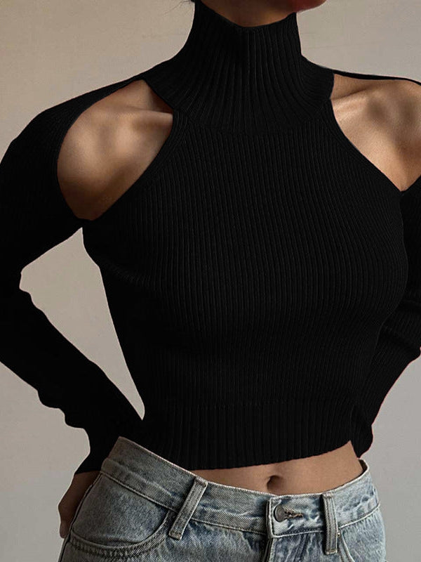 Turtleneck Off Shoulder Black Crop Top T Shirt