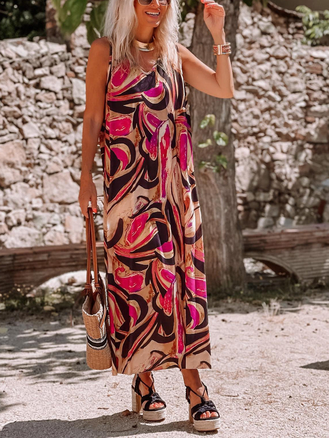 Bohemian Red Black Printing V Neck Maxi Dress