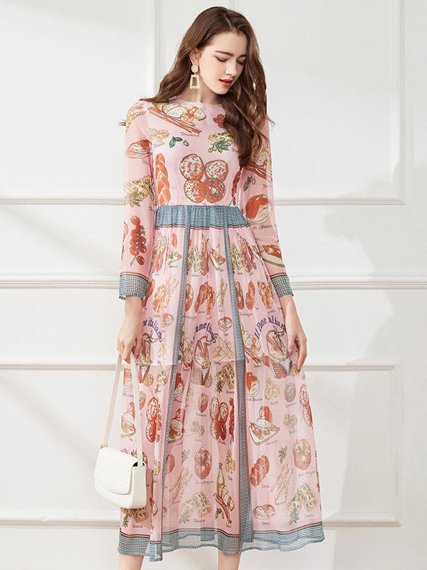 Light Silk Chiffon Printed Crew Neck A Line Dress