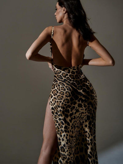 Animal Print Backless Slit Strap Dress