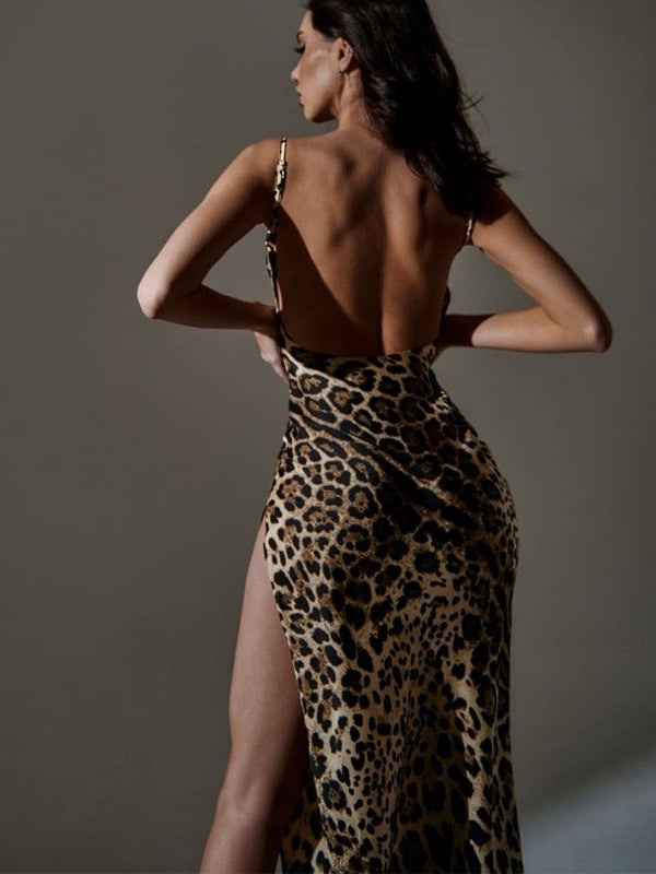 Animal Print Backless Slit Strap Dress