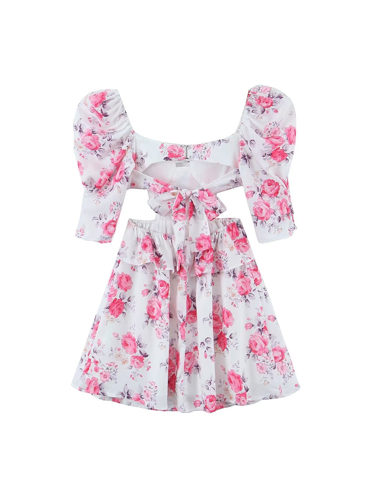 Peony Printed Cutout Puff Sleeve Dress