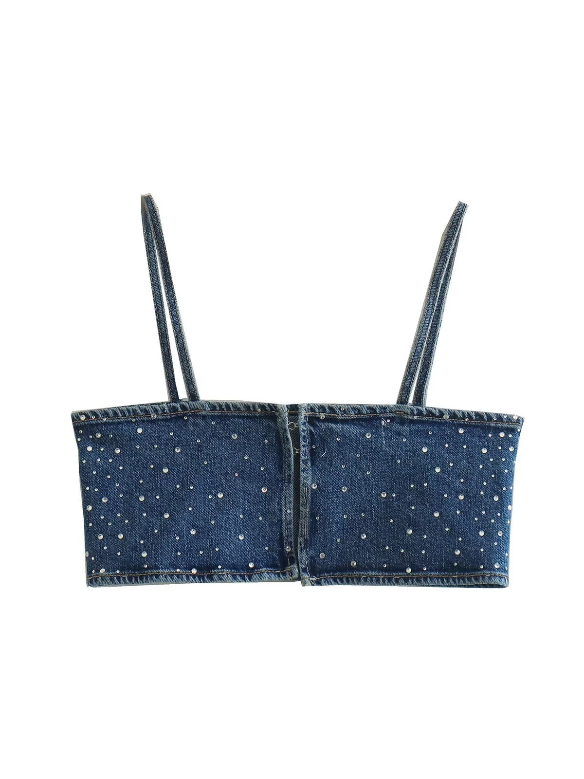Spaghetti Strap Diamond Studded Denim Crop Top
