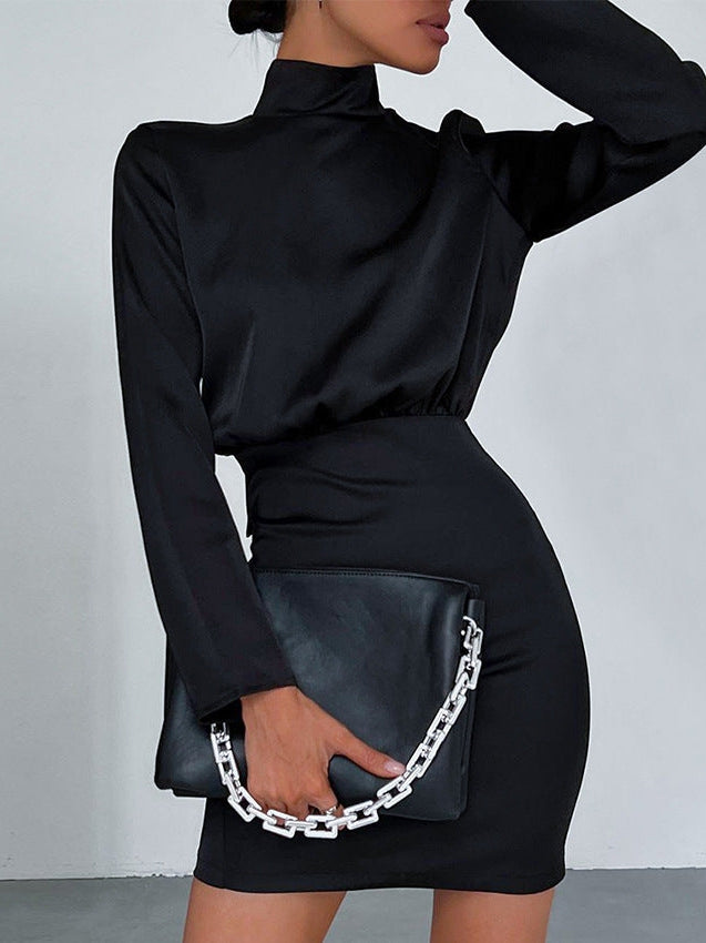 French Turtleneck Backless Lace up Bow A line Dress