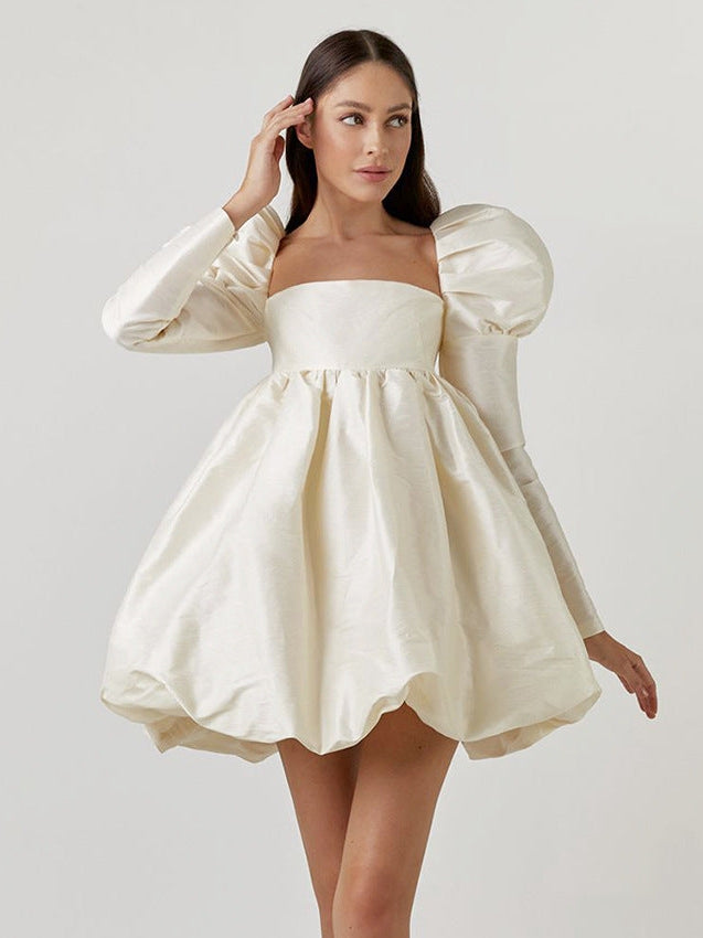 Ice Silk Square Collar Puff Sleeve French Satin Dress