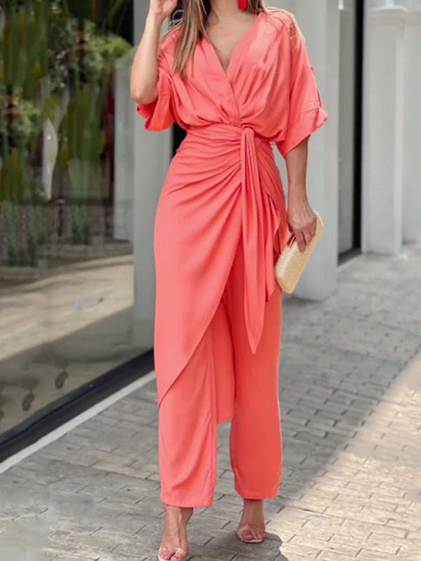 Casual V Neck Short Sleeve Jumpsuit Style Coord Set